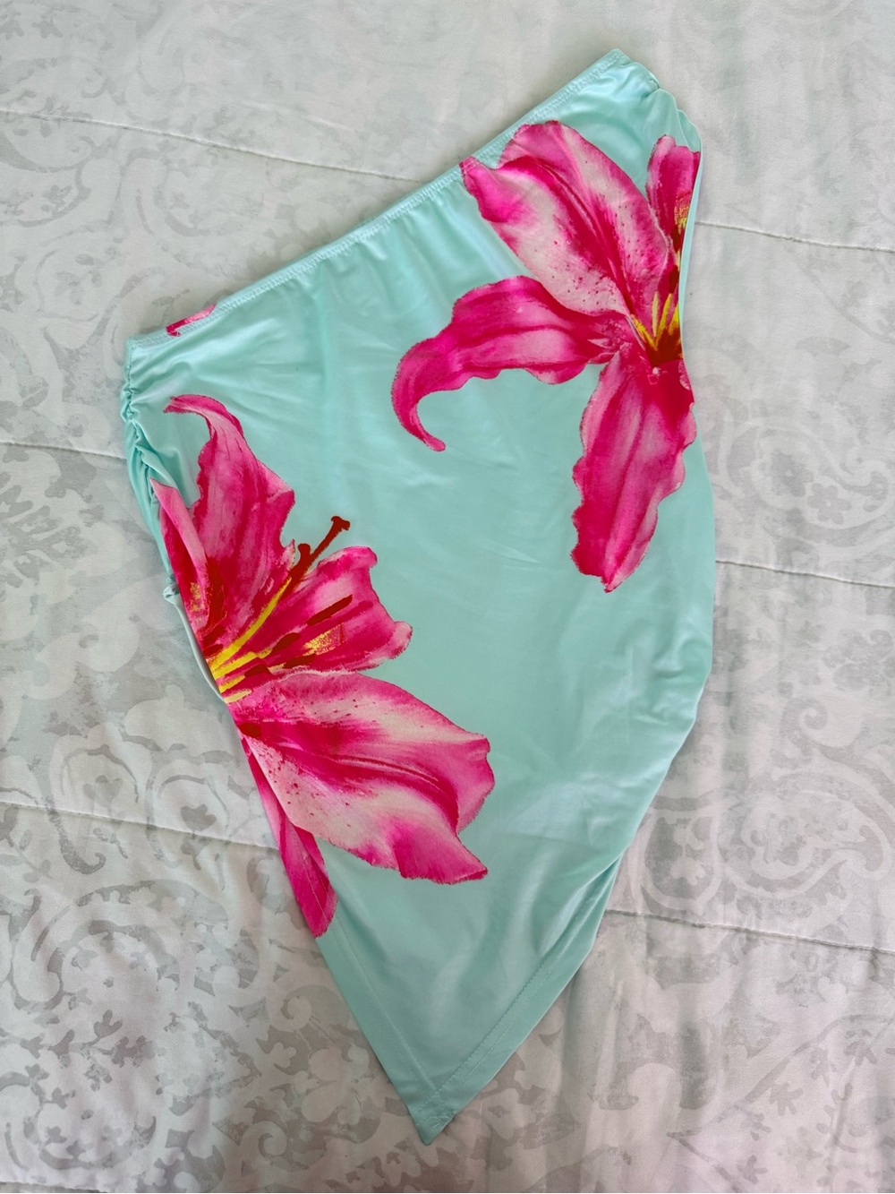 One shoulder aqua top with Pink Floral Print
